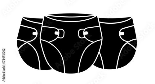 Three black diapers lined up in a row showing front view and details of absorbency protection for babies Flat design vector illustration white background.