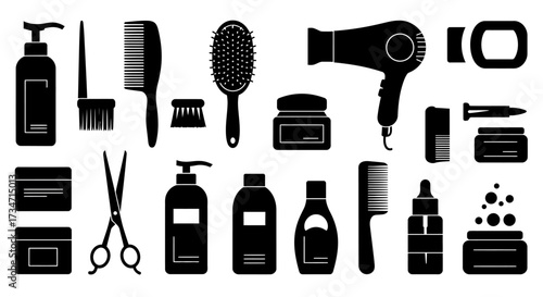 Collection of silhouette beauty and hair care products and tools for salon and personal use Flat design vector illustration white background.