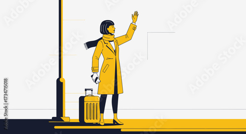Illustration of a stylish woman hailing a taxi with luggage on city street