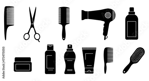 Collection of hair salon tools and products isolated icons for styling and beauty Flat design vector illustration white background.