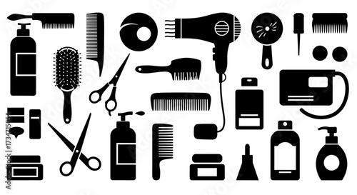 Collection of black silhouette hair salon tools and products arranged artistically Flat design vector illustration white background.