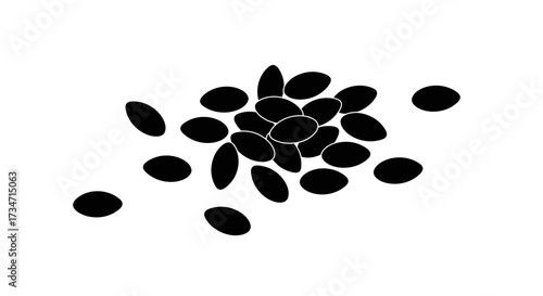 Close-up macro view of a pile of small dark oval shaped seeds scattered Flat design vector illustration white background.