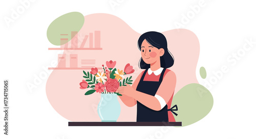 Illustration of a woman arranging flowers in a vase with a soft and calming color palette