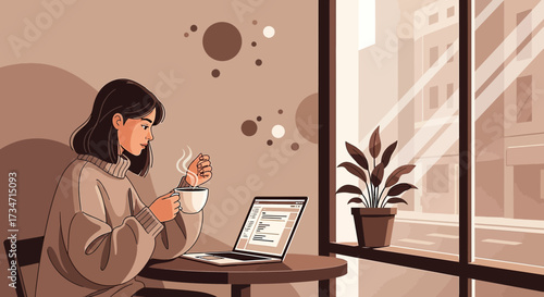 Illustration of a woman enjoying coffee while working on her laptop at a cafe