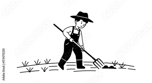 Young farmer in overalls and hat working field with pitchfork retro rustic style Flat design vector illustration white background.