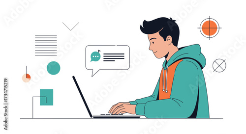 Illustration of a young man working on a laptop with communication bubbles and design elements