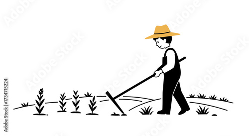 Farmer cultivating crops with hoe on a sunny day agricultural scene simple line art style Flat design vector illustration white background.