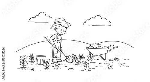 Charming hand drawn line art of a gardener with wheelbarrow in a field Flat design vector illustration white background.