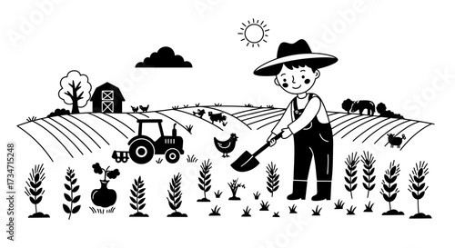 Charming black and white farm scene with farmer tractor crops and barn Flat design vector illustration white background.