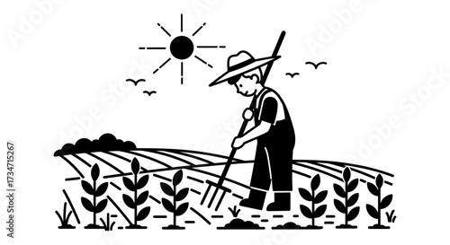 Young farmer tending crops in sunny field with stylized sun and flying insects Flat design vector illustration white background.