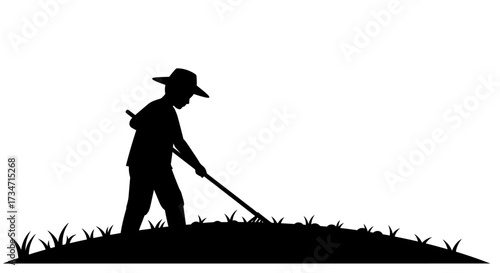 Farmer silhouette working in field with rake agricultural scene labor rural outdoor activity Flat design vector illustration white background.