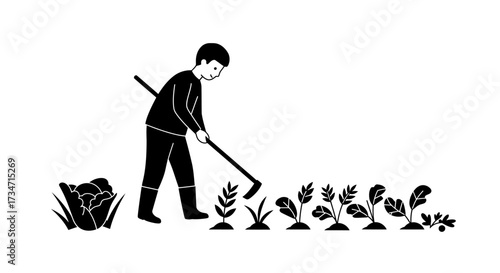 Farmer tilling soil with hoe amongst growing plants cultivating healthy crops agriculture gardening lifestyle Flat design vector illustration white background.