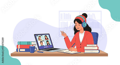 Illustration of a young woman attending an online meeting or virtual class using laptop