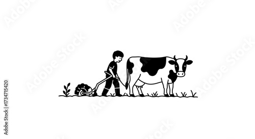 Rustic farm scene with farmer milking a cow amongst greenery and plants detailed woodcut style graphic Flat design vector illustration white background.