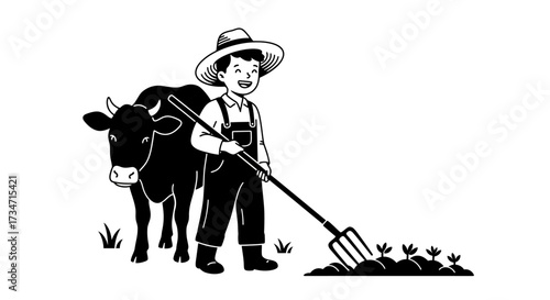 Charming vintage farm scene child farmer with cow tending garden Flat design vector illustration white background.
