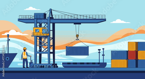Illustration of cargo transportation at a port with a crane and containers loading onto a ship