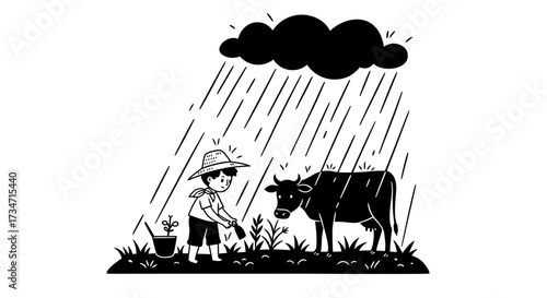 Farmer tending crops and cow under heavy rainstorm and dark clouds illustration Flat design vector illustration white background.
