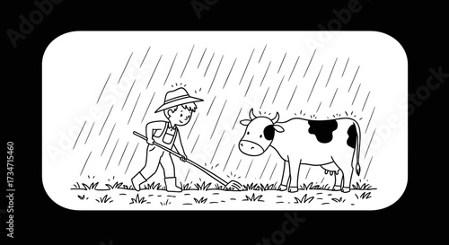 Farmer and cow in rainfall farming rural scene illustration sketch style Flat design vector illustration white background.