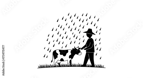 Farmer tends to cow amidst falling raindrops silhouette art Flat design vector illustration white background.