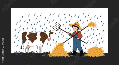 Charming farm scene with farmer and cow gathering hay on a sunny day Flat design vector illustration white background.