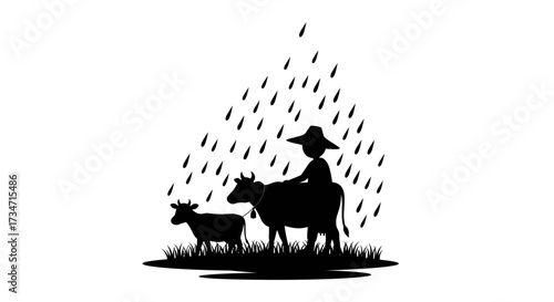 Farmer herding cows under falling rain silhouette stylized rural scene art Flat design vector illustration white background.