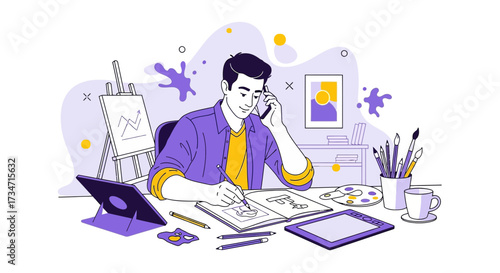 Illustrative depiction of an artist multitasking between phone call and drawing work in a modern