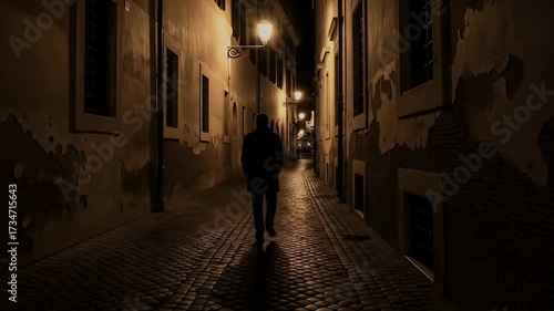 Man walks alone down a dark narrow cobbled alleyway at night