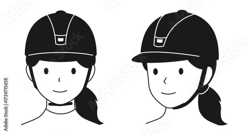 Equestrian helmet styles two views female head outline pony tail hair accessory Flat design vector illustration white background.