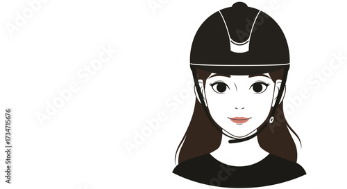 Equestrian helmet portrait a young woman focused ready for horse riding adventure Flat design vector illustration white background.