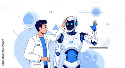 Illustrative depiction of doctor interacting with AI robot showcasing collaboration in medicine