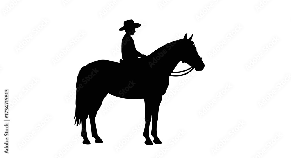 Fototapeta premium Silhouette of a cowboy riding a horse in profile on a for western themes Flat design vector illustration white background.