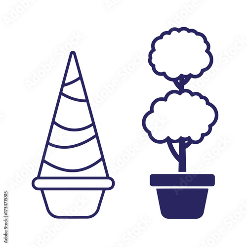 Simple vector illustrations of two potted decorative topiary plants on a clean white background