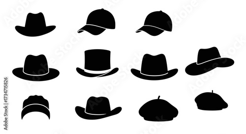 Collection of silhouette hats diverse styles western baseball caps berets and fedoras Flat design vector illustration white background.