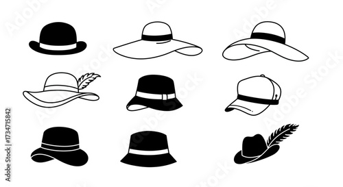 Collection of diverse hand-drawn hat styles including fedoras bucket hats and wide brim sun hats for fashion and design Flat design vector illustration white background.