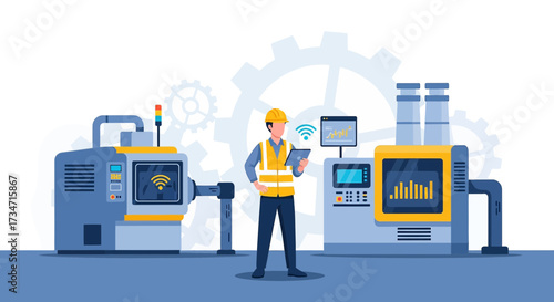 Industry 4.0 worker overseeing automated manufacturing process using digital tablet technology