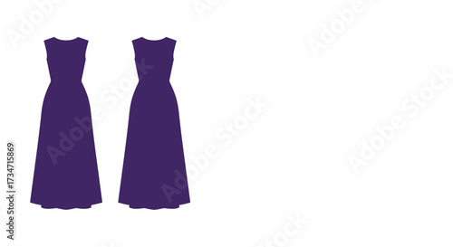 Elegant dark purple sleeveless maxi dresses two piece set formal evening wear Flat design vector illustration white background.
