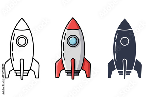 Illustration of a rocket ship in three different styles, including outline, color, and silhouette