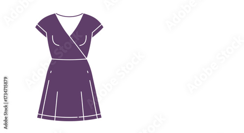 Elegant purple wrap dress with short sleeves and pleated skirt for women's fashion Flat design vector illustration white background.