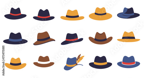Collection of stylish fedora hats in various colors and designs for fashionable headwear Flat design vector illustration white background.