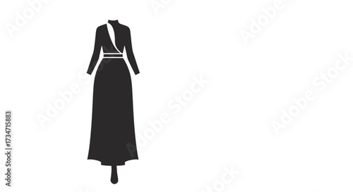 Elegant long black gown with a fitted bodice and flowing skirt for formal occasions Flat design vector illustration white background.