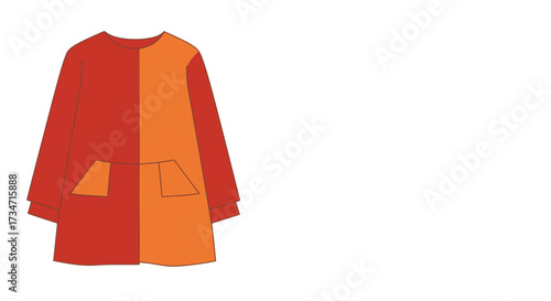 Two-tone kids long-sleeve dress with belt and pockets bright colors for playtime fun Flat design vector illustration white background.