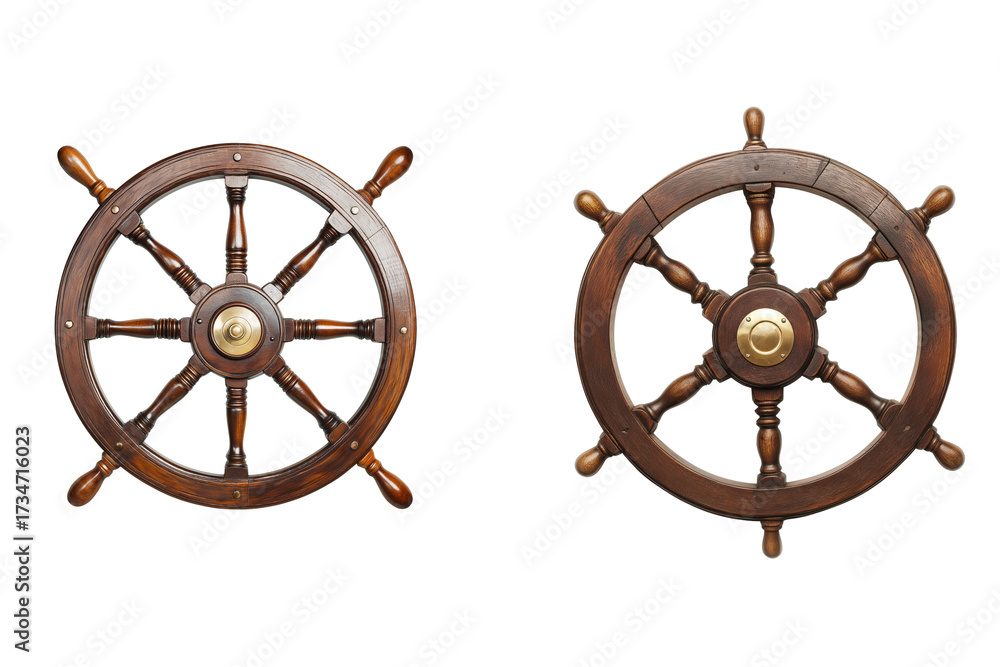 Obraz premium Classic Ship Steering Wheel Helm Isolated on Transparent Background. Wooden Nautical Ship Wheel Isolated PNG Cutout.