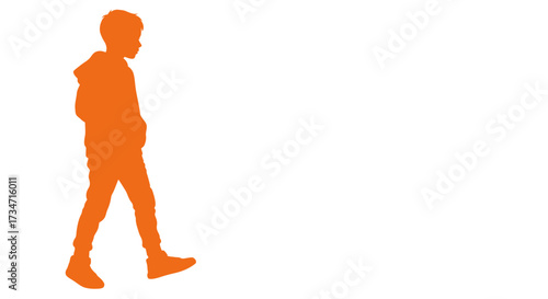 Orange silhouette of a young man walking confidently with hands in pockets casual stance Flat design vector illustration white background.
