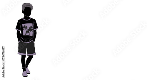 Silhouette of a young boy standing confidently wearing a t-shirt and shorts ready for outdoor activities Flat design vector illustration white background.