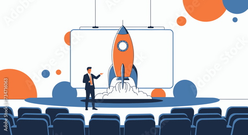 Launch Presentation Featuring a Man and a Rocket on Stage for a Product Reveal