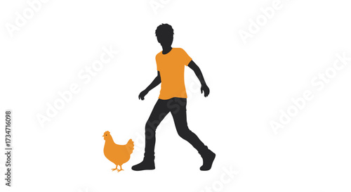 Person in orange shirt interacting with a chicken silhouette on Flat design vector illustration white background.