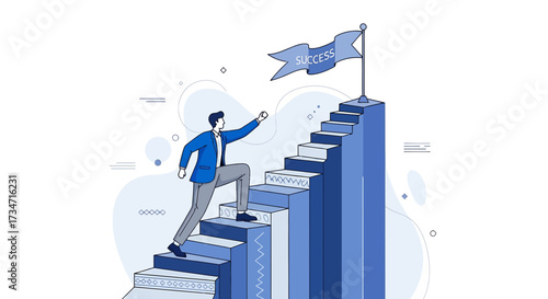 Man climbs stairs to achieve success with flag, business growth and career