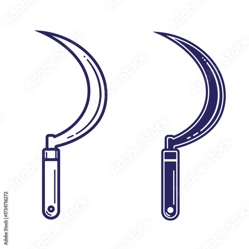 Stylized vector illustration of a sickle in two color variations on a clean white background