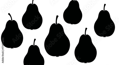 Group of seven black pear silhouettes scattered artfully against a clean white backdrop Flat design vector illustration white background.