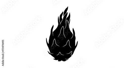 Black silhouette of a dragon fruit with vibrant flame-like scales against a clean white backdrop. Flat design vector illustration white background.